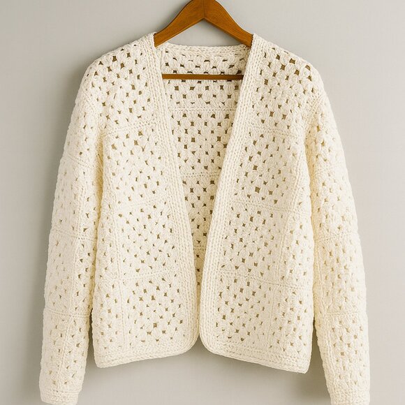 Handmade White Crochet Granny Square Jacket Pearls Cozy Elegant Cardigan Size L - Picture 2 of 6